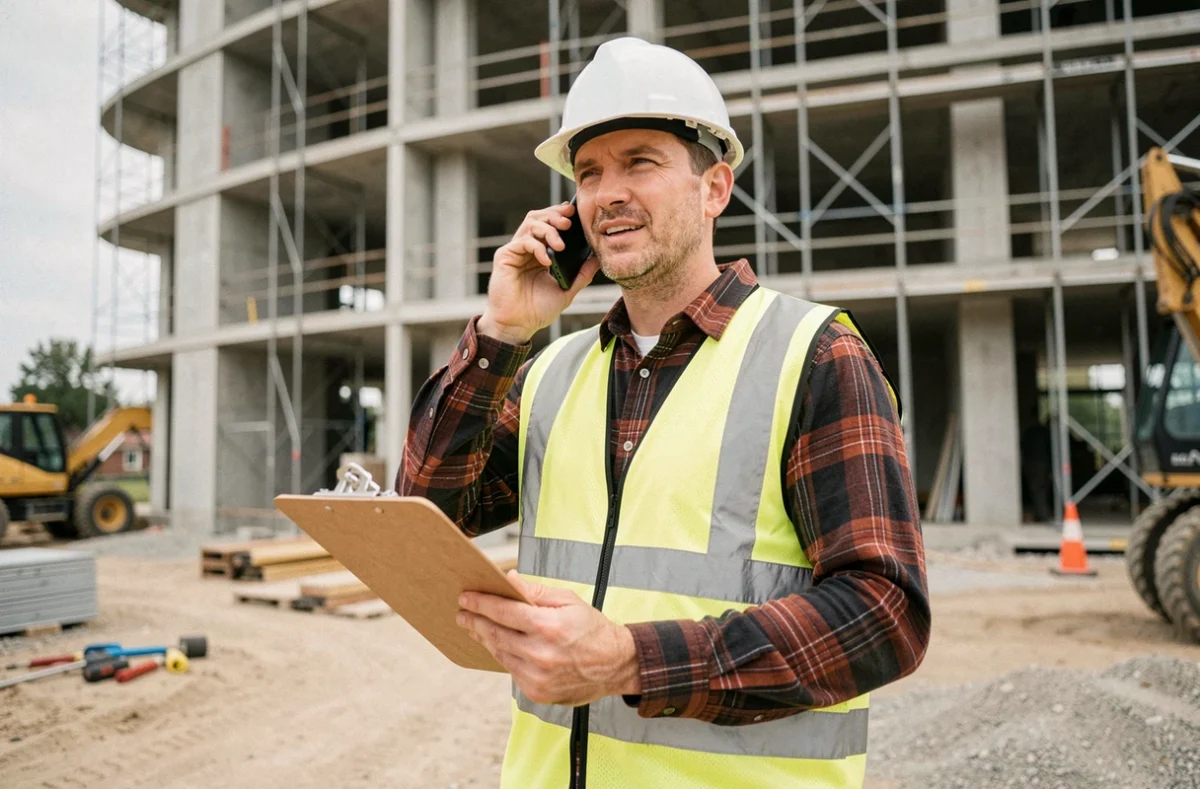 Professionnel du bâtiment sur un chantier de construction cherchant une assurance décennale par téléphone