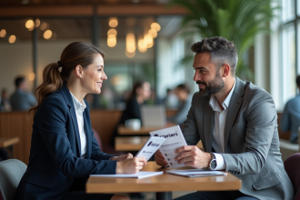 Deux professionnels en réunion dans un café moderne