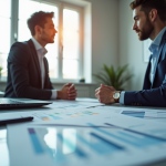 Différence entre résultat exploitation et EBITDA : tout comprendre en finance Deux professionnels en finance dans un bureau lumineux discutant de graphiques