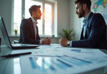 Deux professionnels en finance dans un bureau lumineux discutant de graphiques