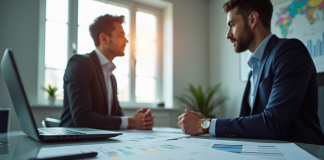 Deux professionnels en finance dans un bureau lumineux discutant de graphiques