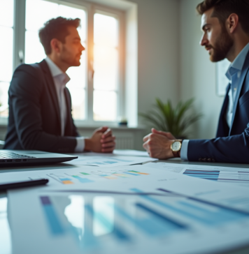 Différence entre résultat exploitation et EBITDA : tout comprendre en finance Deux professionnels en finance dans un bureau lumineux discutant de graphiques