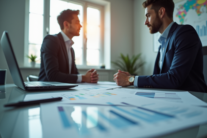 Deux professionnels en finance dans un bureau lumineux discutant de graphiques