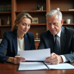Femme et homme d'affaires examinant un document dans un bureau