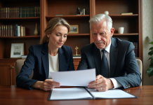 Femme et homme d'affaires examinant un document dans un bureau
