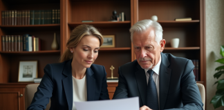 Femme et homme d'affaires examinant un document dans un bureau