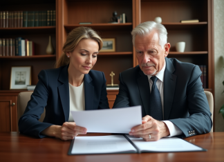 Femme et homme d'affaires examinant un document dans un bureau