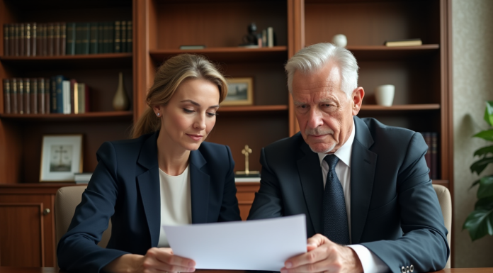 Femme et homme d'affaires examinant un document dans un bureau
