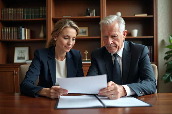 Femme et homme d'affaires examinant un document dans un bureau