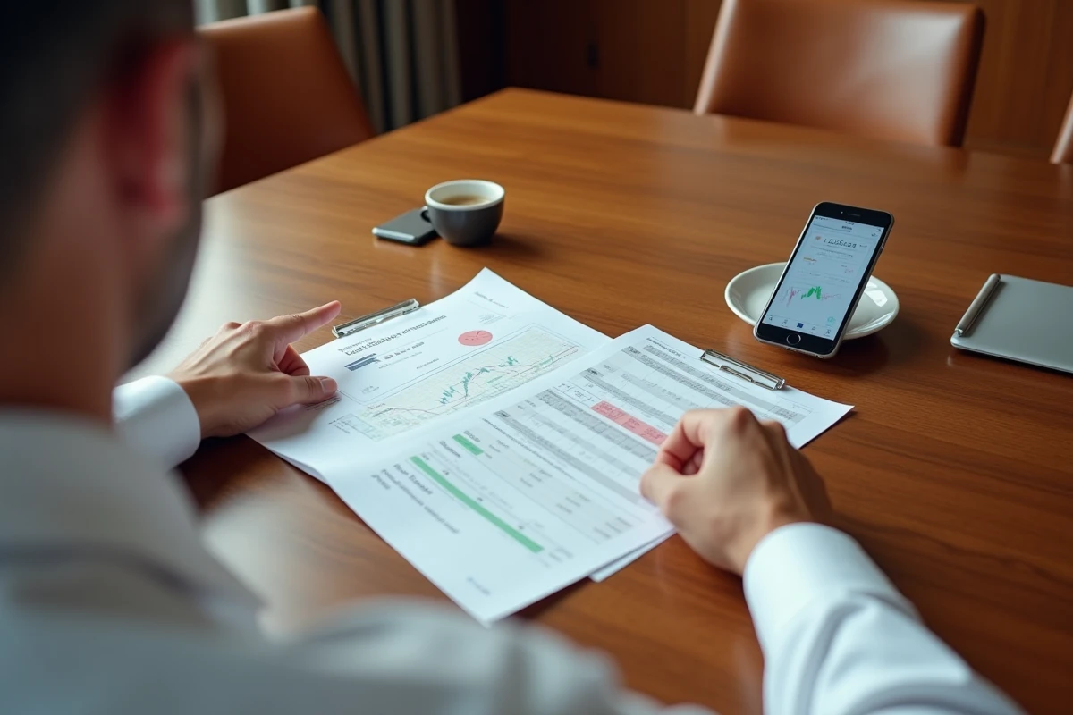 Mains d'un professionnel analysant un rapport comparatif sur le dividende FDJ face aux valeurs du CAC 40 sur une table de réunion