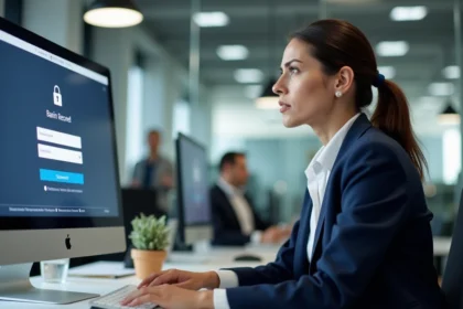 Femme professionnelle cherchant à récupérer ses identifiants de connexion sur un portail bancaire en ligne au bureau