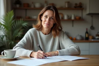 Femme rédigeant une lettre de résiliation d'assurance à la main sur une table en bois à domicile