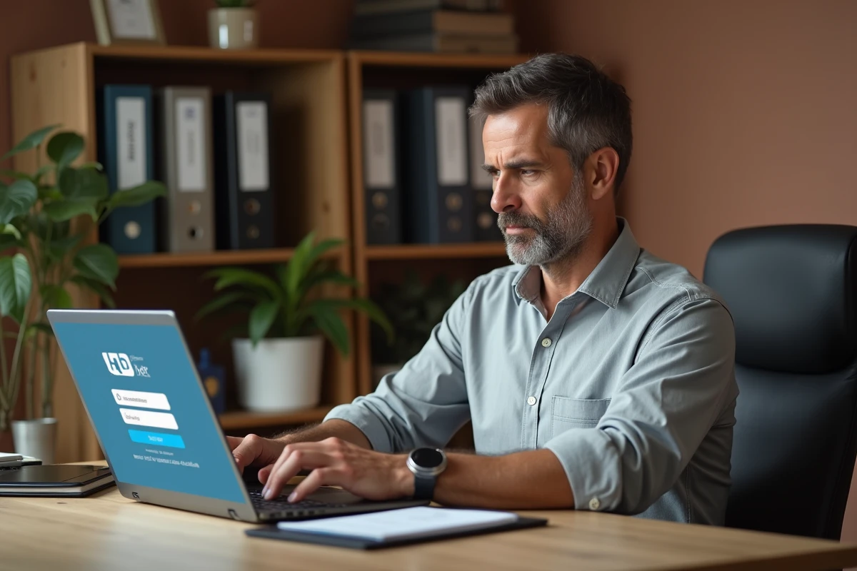 Homme en télétravail effectuant une procédure de réinitialisation de mot de passe sur le portail CDC Net Banque des territoires