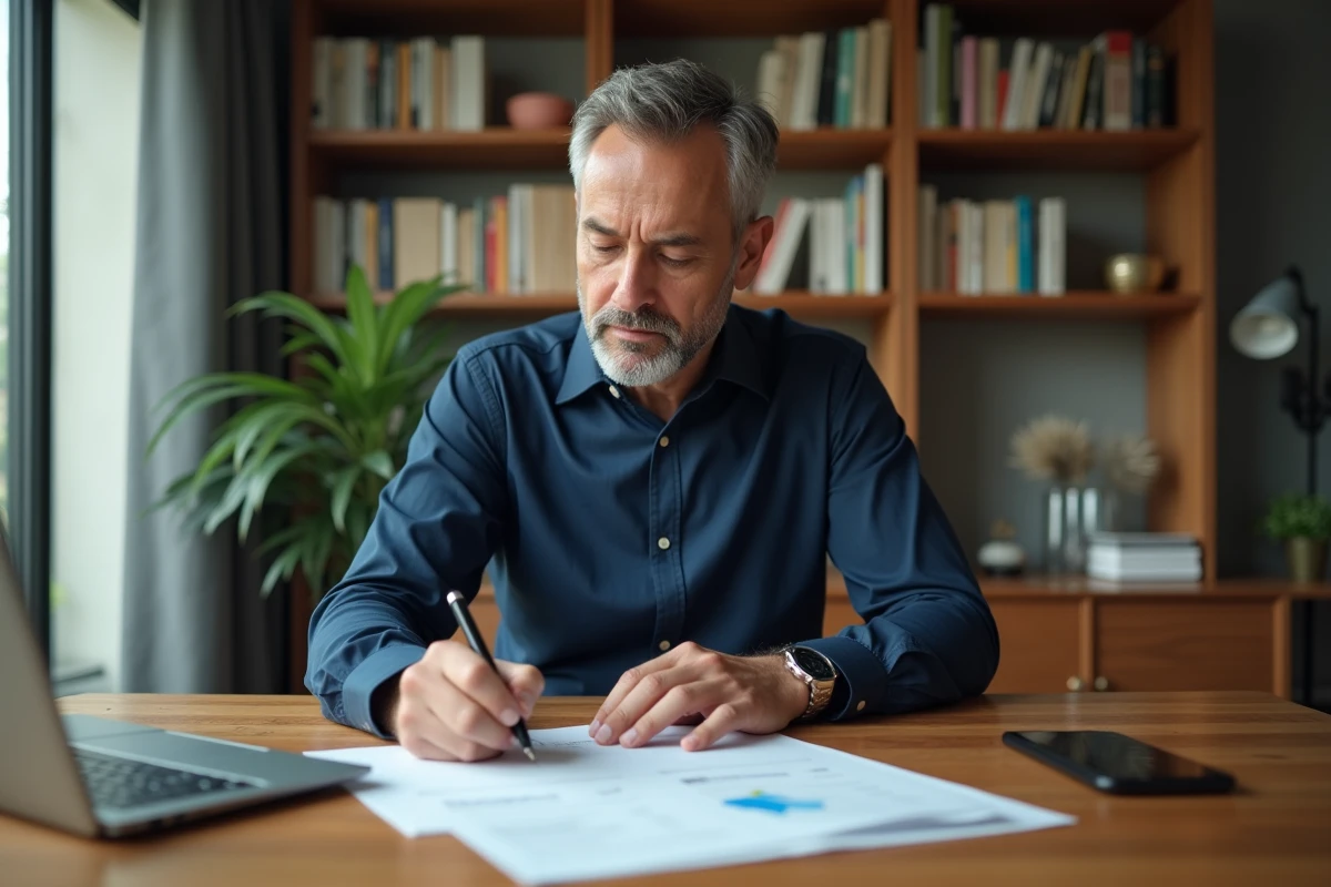 Homme remplissant un chèque Cadhoc à son bureau à domicile avec une liste de commerces affiliés