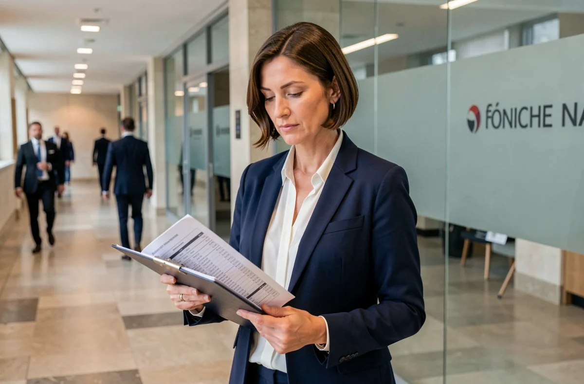Représentante du personnel CSE Société Générale préparant une réunion dans les couloirs du siège
