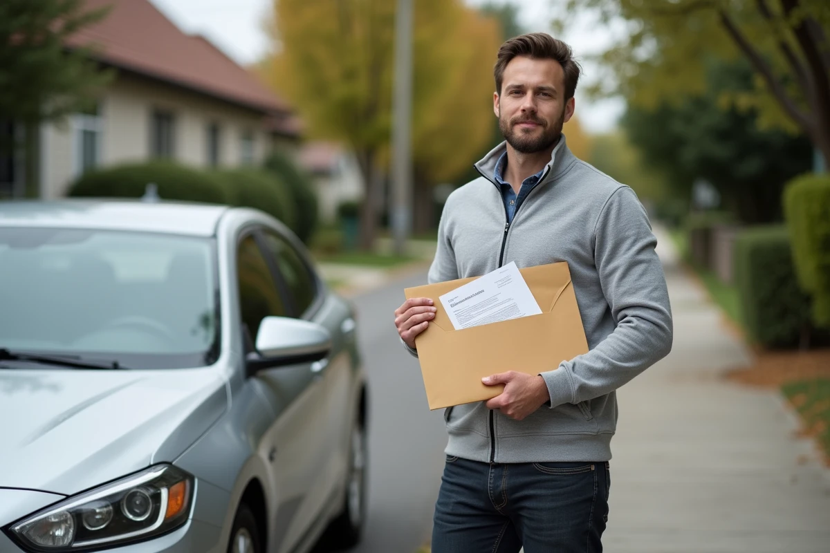 Homme tenant une enveloppe de documents d'assurance auto près de sa voiture après avoir délégué la résiliation de son contrat Direct Assurance à son nouvel assureur