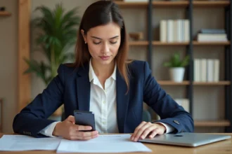 Femme consultant son smartphone pour résilier son contrat d'assurance auto Direct Assurance depuis son bureau à domicile
