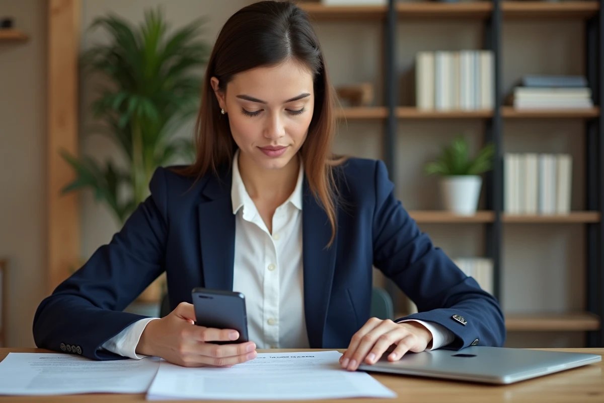 Femme consultant son smartphone pour résilier son contrat d'assurance auto Direct Assurance depuis son bureau à domicile