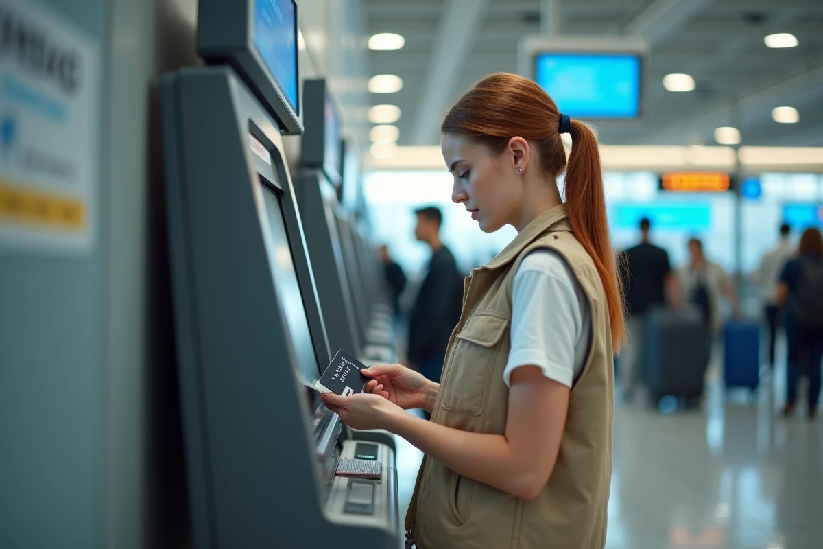 Jeune femme retirant des dirhams à un distributeur automatique de l'aéroport de Casablanca