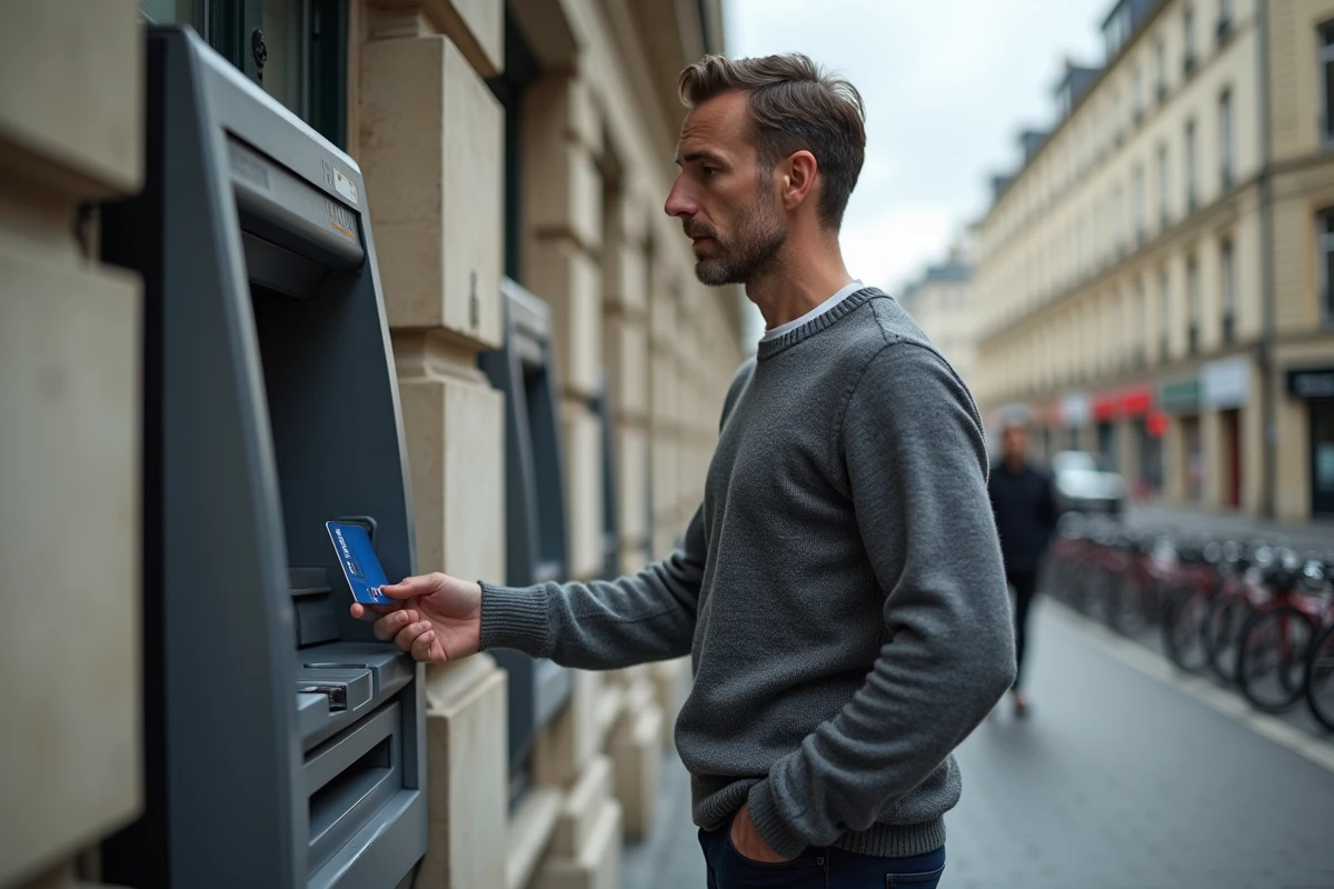 Homme retirant de l'argent à un distributeur automatique en attendant la disponibilité de son virement salarial