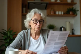 Retraitée examinant ses documents de pension et ses factures à la table de sa cuisine, illustrant l'impact de l'inflation sur les retraites en 2026