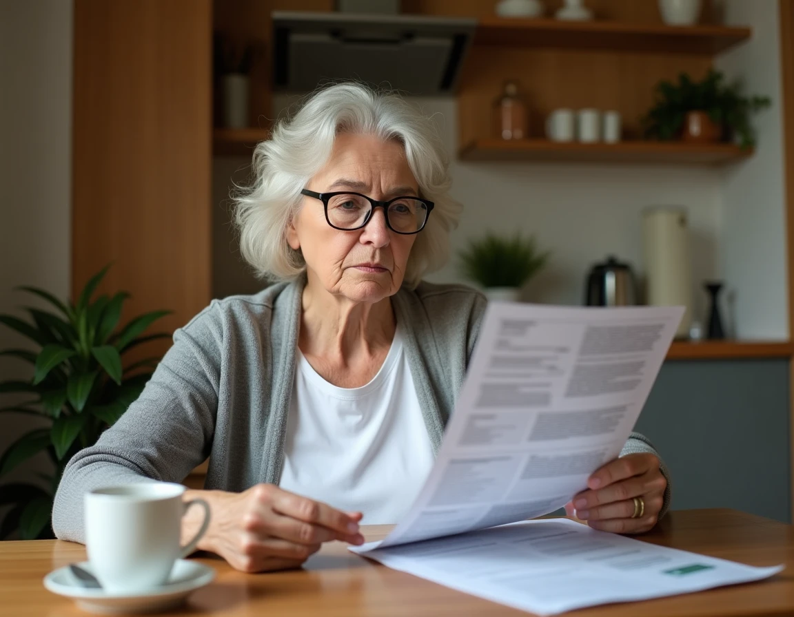 Retraitée examinant ses documents de pension et ses factures à la table de sa cuisine, illustrant l'impact de l'inflation sur les retraites en 2026