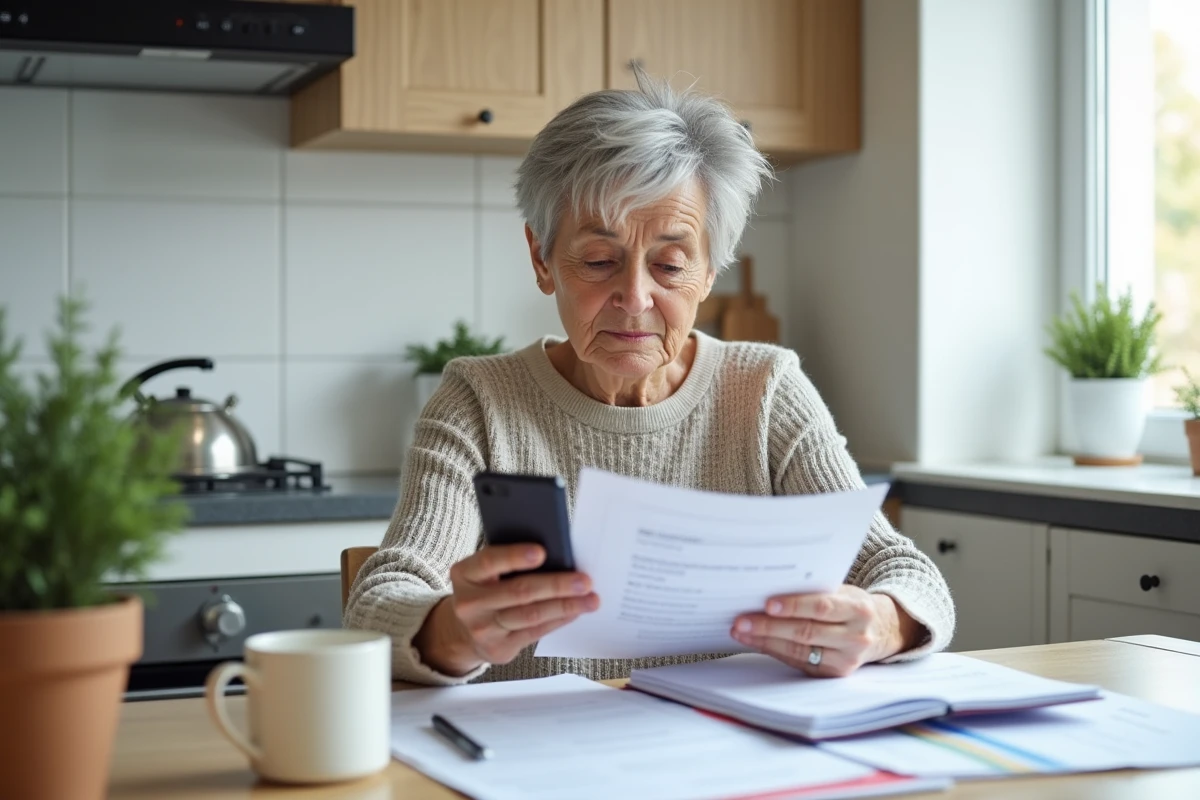 Femme retraitée utilisant son smartphone à la cuisine moderne
