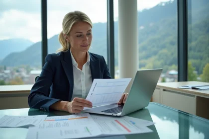 Femme professionnelle analysant des fiches de salaire brut et net dans un bureau moderne à Zurich, Suisse