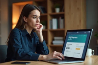Femme vérifiant la disponibilité de son salaire sur un compte La Banque Postale depuis son bureau à domicile