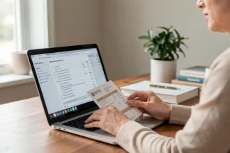 Salarié consultant son bulletin de paie sur un ordinateur portable