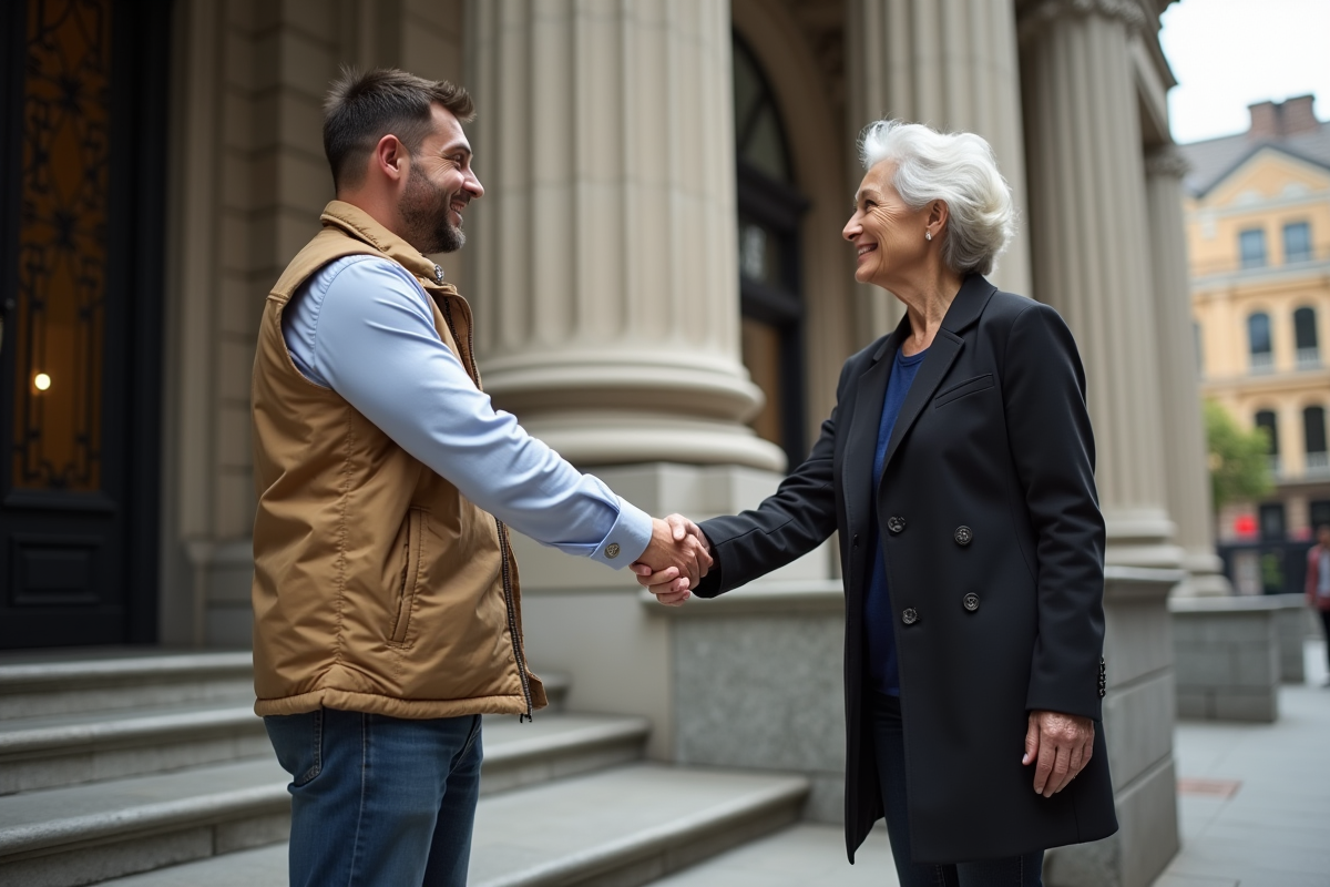 Jeune homme et femme se serrant la main devant une banque