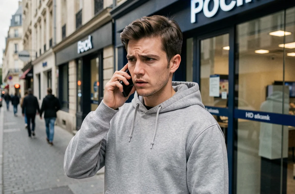 Jeune adulte signalant une fraude bancaire par téléphone devant une agence bancaire en ville