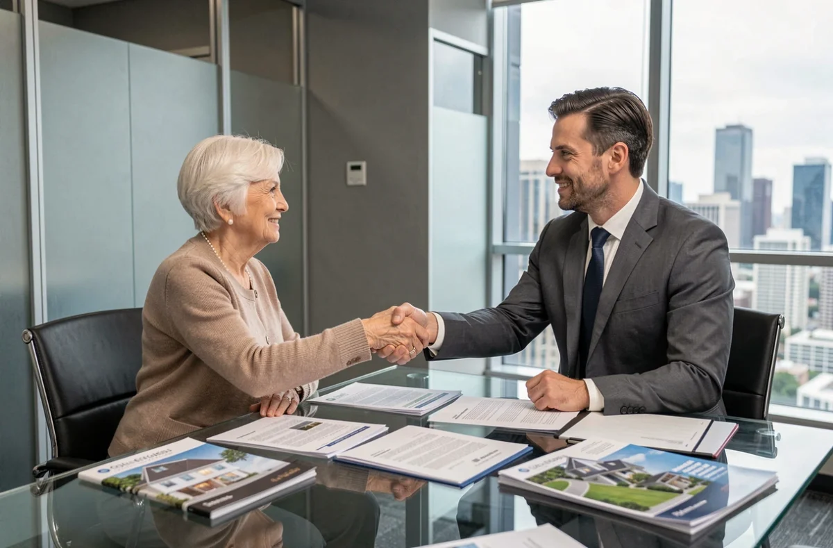 Une femme âgée signe un accord d'investissement en SCPI viager avec un conseiller en gestion de patrimoine