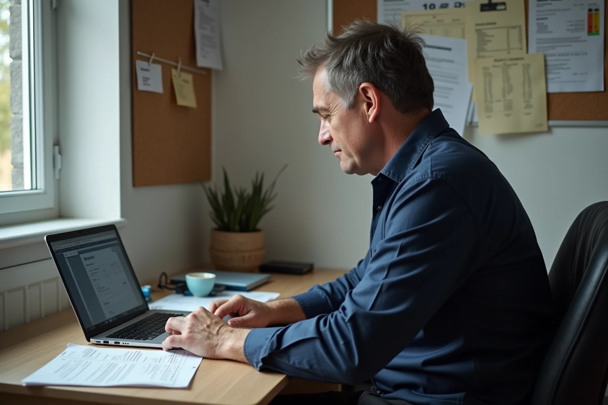 Homme consultant des fiches de salaire et un simulateur de prime d'activité sur ordinateur dans un bureau à domicile