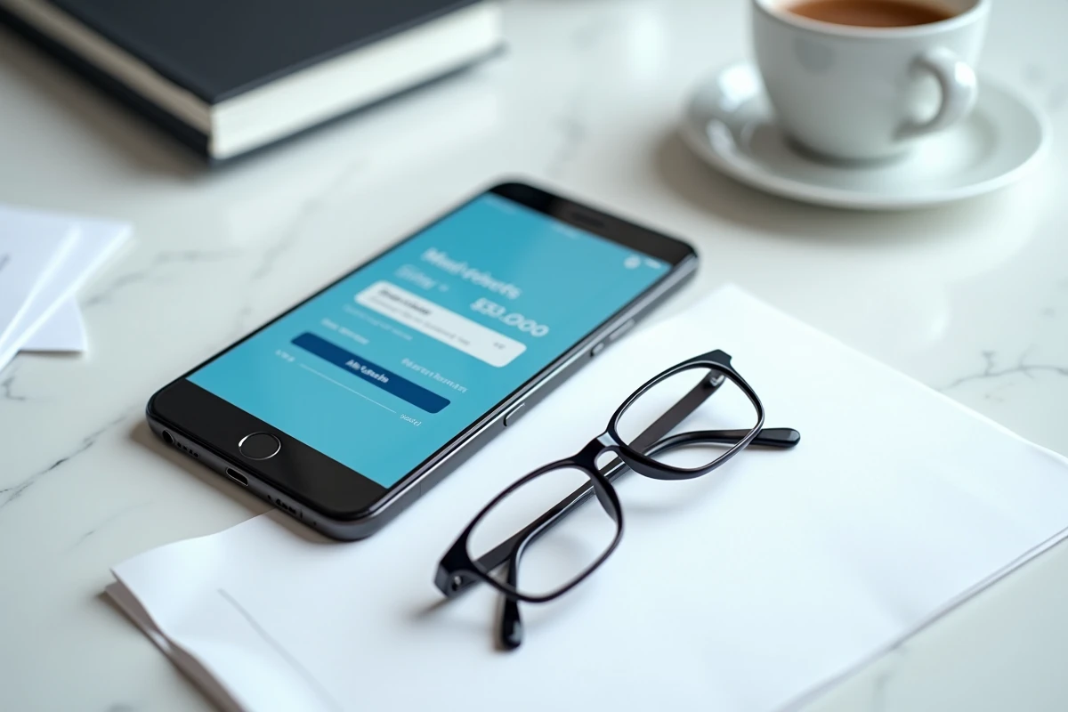 Smartphone affichant une confirmation de virement instantané sur une application bancaire mobile posé sur un comptoir en marbre