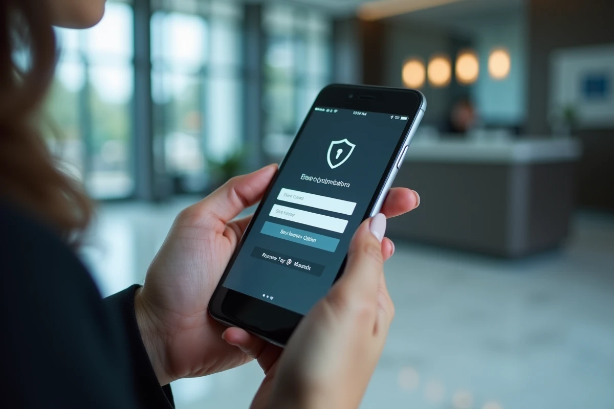 Mains tenant un smartphone avec un écran de récupération d'accès à un portail bancaire institutionnel