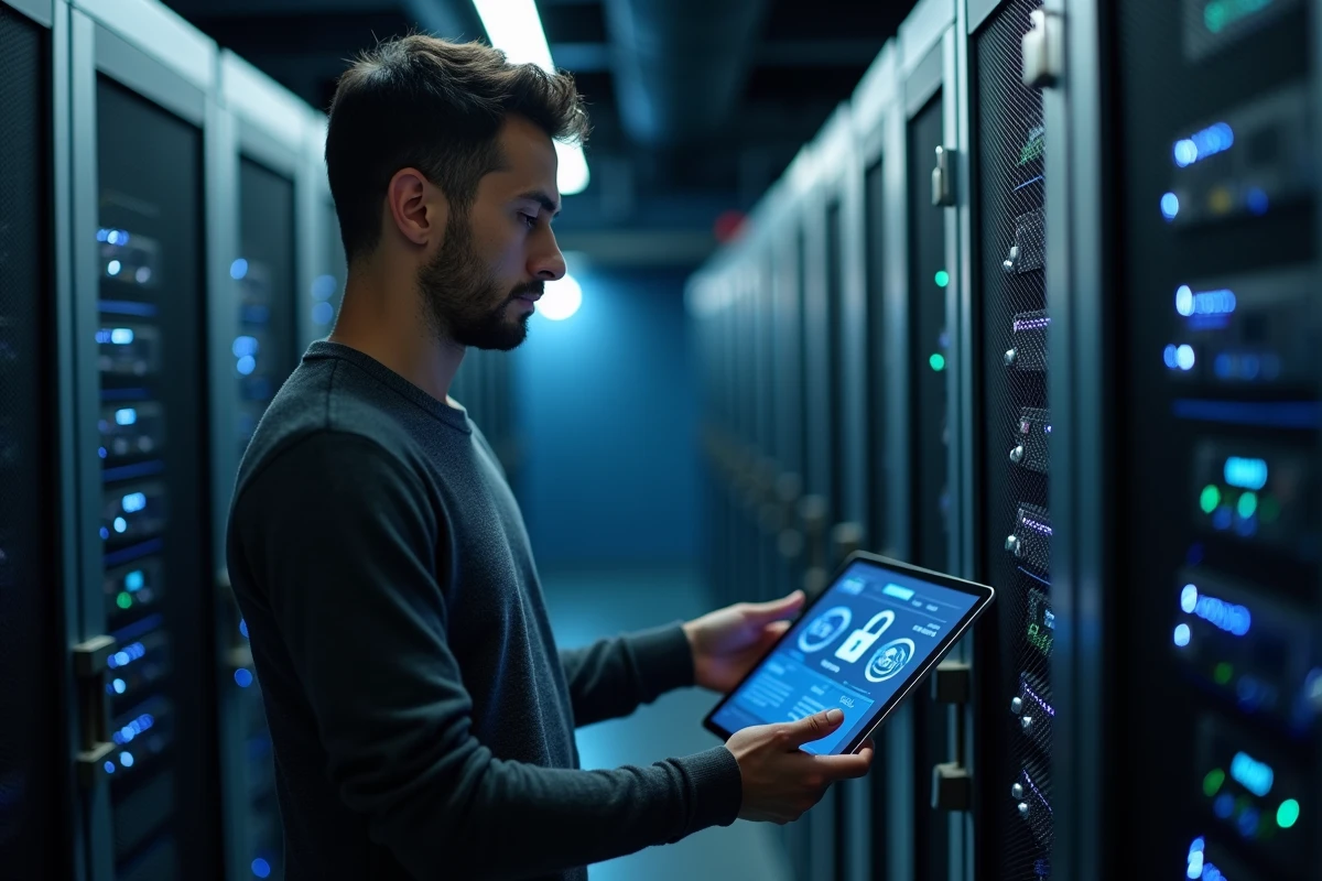 Spécialiste informatique vérifiant la sécurité des données RGPD dans une salle de serveurs