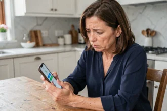 Femme inquiète vérifiant une notification suspecte sur son application bancaire mobile dans une cuisine moderne