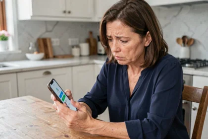 Femme inquiète vérifiant une notification suspecte sur son application bancaire mobile dans une cuisine moderne