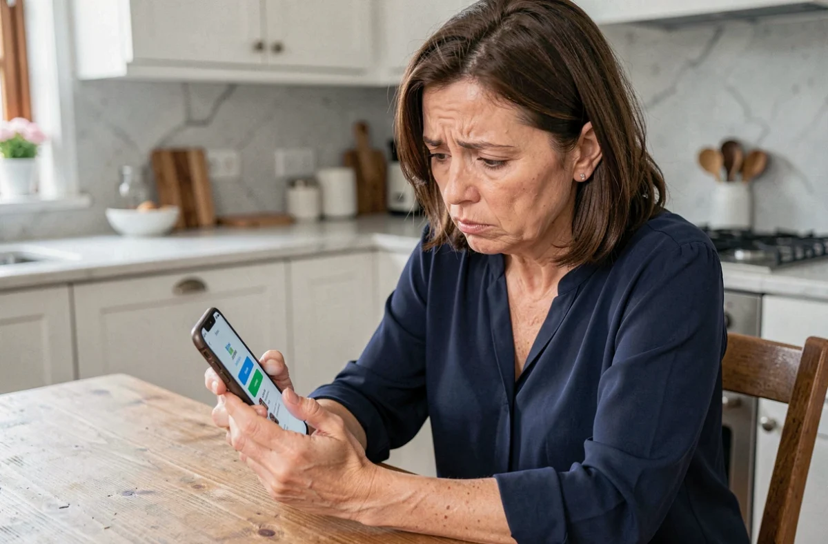 Femme inquiète vérifiant une notification suspecte sur son application bancaire mobile dans une cuisine moderne