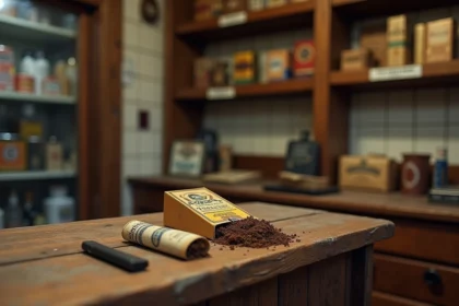 Paquet de tabac à rouler 30g posé sur le comptoir d'un bureau de tabac espagnol avec étiquettes de prix