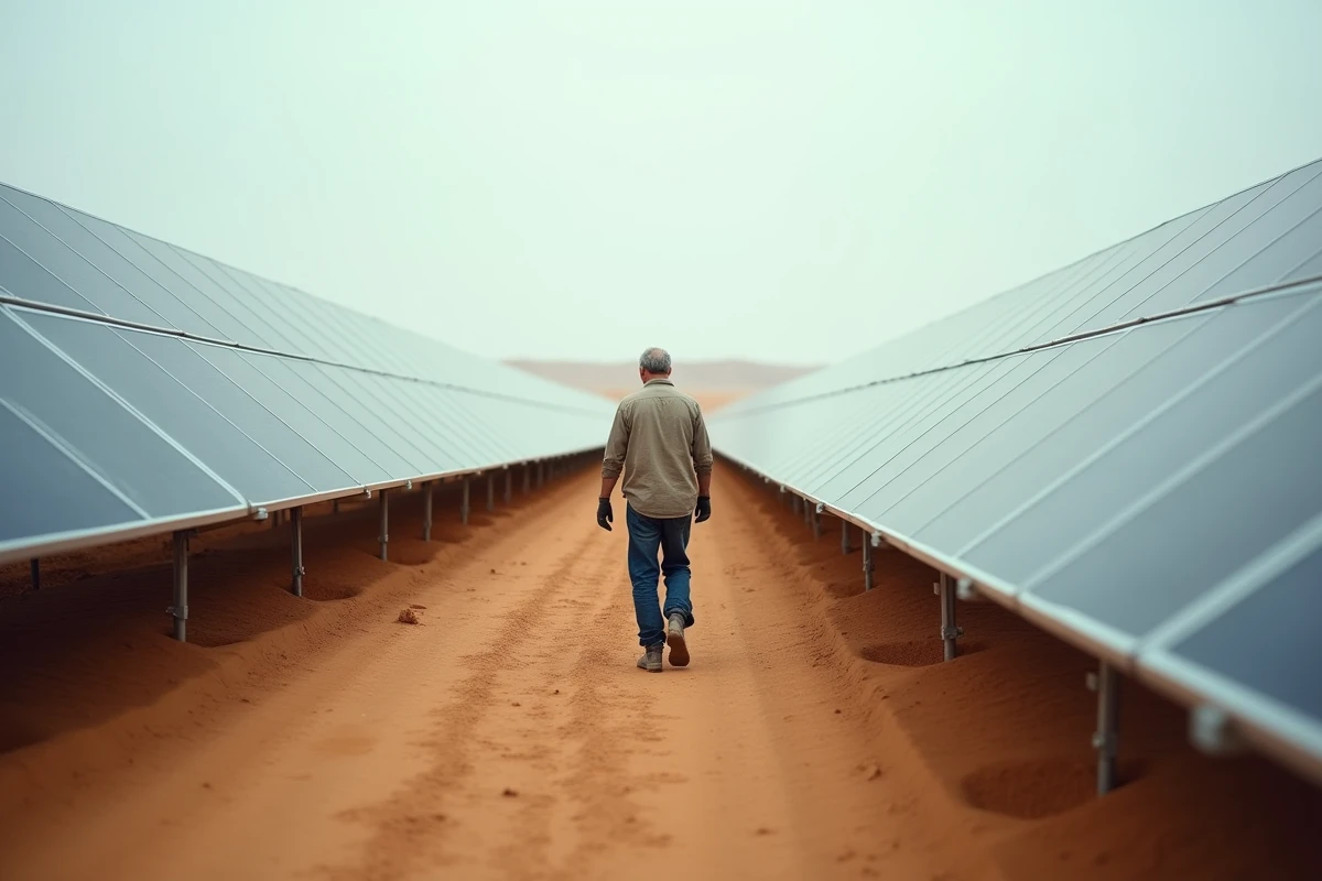 Technicien inspectant une centrale solaire dans un désert, symbole de la puissance économique des énergies renouvelables