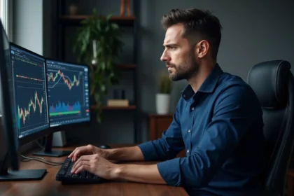 Trader analysant un pattern double bottom sur ses écrans de trading avec une expression concentrée et frustrée