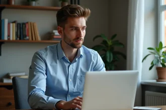 Jeune trader homme au bureau à domicile concentré
