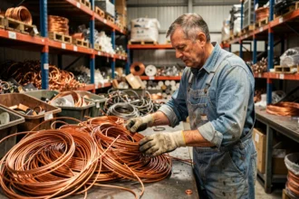 Homme triant des câbles en cuivre recyclé dans un centre de recyclage de métaux