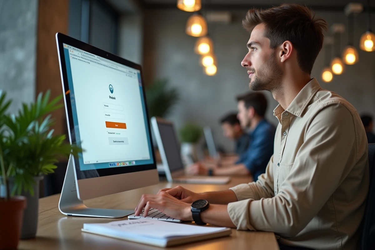 Jeune professionnel retrouvant son identifiant CIC Épargne salariale avec son bulletin de salaire dans un espace de coworking