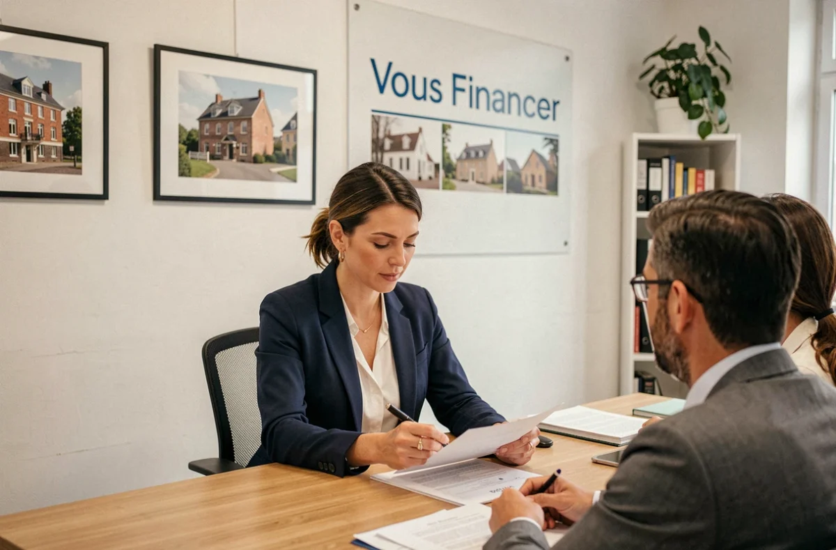 Une conseillère de l'agence Vous Financer à Auxerre présente un dossier de prêt immobilier à un couple de clients