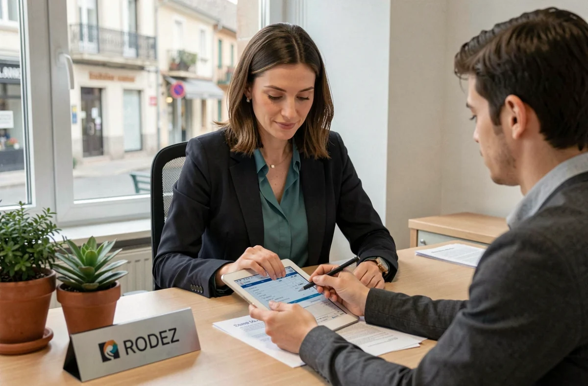 Une courtière Vousfinancer à Rodez accompagne un jeune couple dans leur demande de prêt immobilier au sein de l'agence